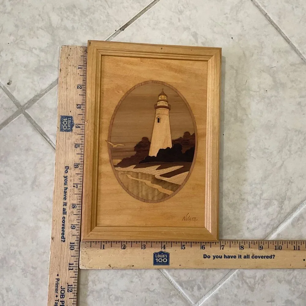 Hudson River Framed Wood Inlay Marquetry Lighthouse Picture Jeff Nelson artwork